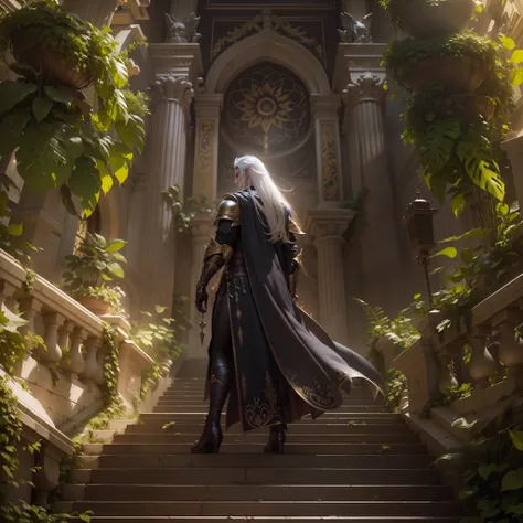 "Tema de fantasia, (full scene), front view,  (((cinemactic))), ((ultra detalhado cg)), (Impeccable), (gorgeous), (epics), Sephiroth calmly descends the golden stairs of the heavenly hall, (penas escuras flutuando), olhos cor de vinho luminosos, roupas pre...