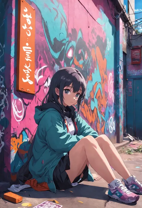 Woman sitting on the ground in front of a graffiti-covered wall