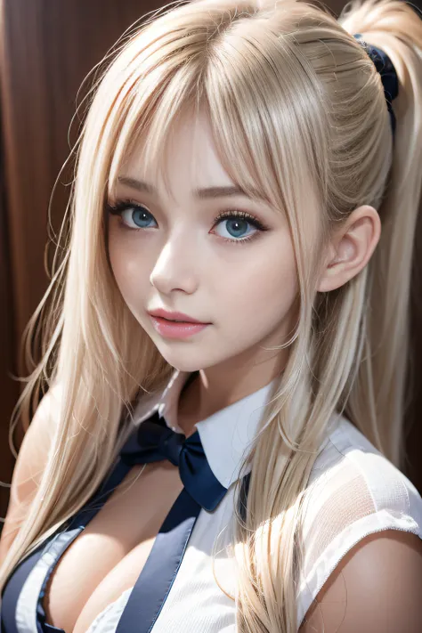 porate、School uniforms、bright expression、poneyTail、young and shiny white shiny skin、Best Looks、Gold reflects light、Platinum blonde hair，Shine brightly、Shiny light hair,、Super long silky straight hair、Beautiful bangs that shine、Big blue eyes sparkling，Like ...