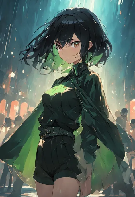 The woman, fantasy, black  hair, green shirt, black corset, black pant, cloak.