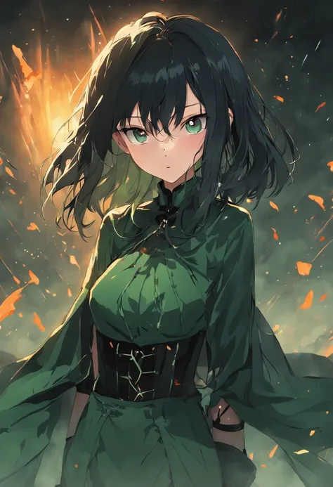 The woman, fantasy, black  hair, green shirt, black corset, black pant, cloak.