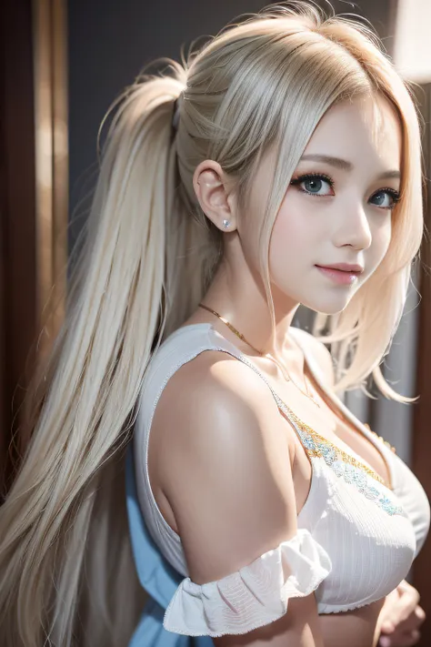 porate、School uniforms、bright expression、poneyTail、young and shiny white shiny skin、Best Looks、Gold reflects light、Platinum blonde hair，Shine brightly、Shiny light hair,、Super long silky straight hair、Beautiful bangs that shine、Big blue eyes sparkling，Like ...