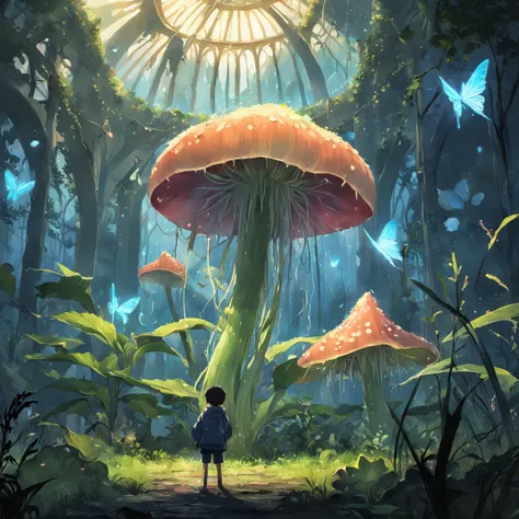 Mysterious botanical garden，1boy，Huge carnivorous plant，glowing mushrooms，Foggy，butterflies flying，（dewdrops：0.8）。