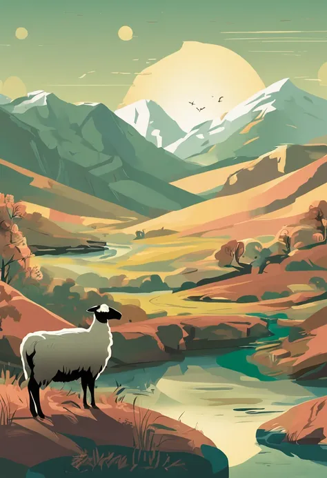 Illustrate a scene inspired by Psalm 23: Depict a serene landscape where a shepherd, symbolizing divine guidance, leads a flock of sheep through a peaceful valley. The valley, though shrouded by shadows, emanates a sense of calmness and security. The sheph...