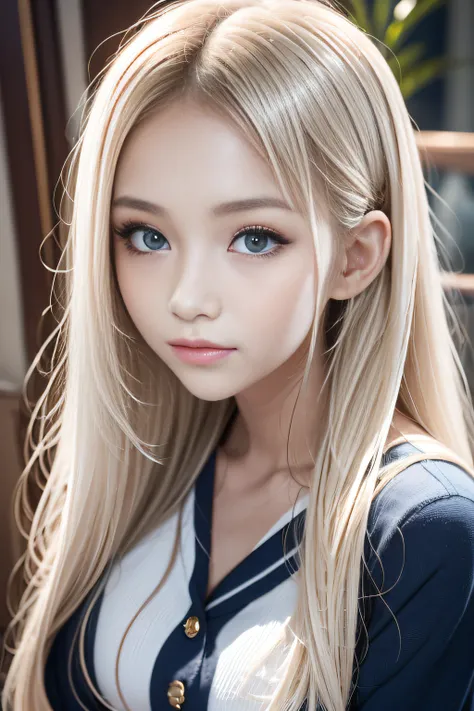 porate、School uniforms、bright expression、poneyTail、young and shiny white shiny skin、Best Looks、Gold reflects light、Platinum blonde hair，Shine brightly、Shiny light hair,、Super long silky straight hair、Beautiful bangs that shine、Big blue eyes sparkling，Like ...