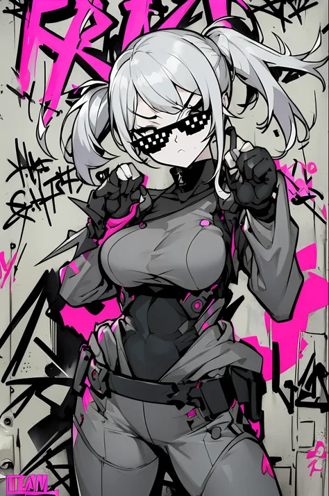 "An assertive and confident waifu with a badass attitude, leaning against a graffiti wall and flexing in a cocky manner. Dealwithit."