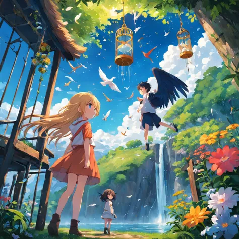 Garden in the sky，1girl 1boy，Suspended islands，Colorful flowers，Waterfall flowing，Flocks of birds in flight，（Wind chimes：0.6）。