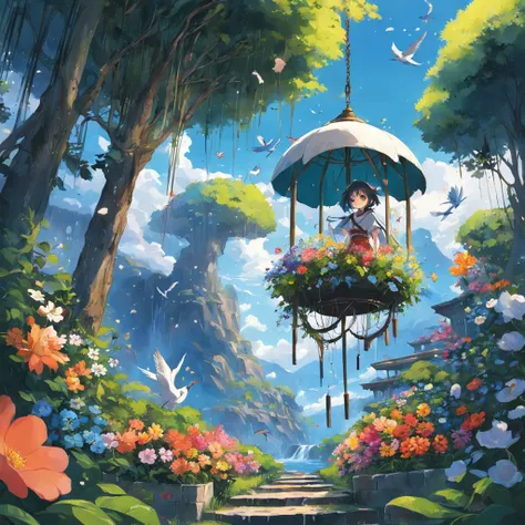 Garden in the sky，1girl 1boy，Suspended islands，Colorful flowers，Waterfall flowing，Flocks of birds in flight，（Wind chimes：0.6）。