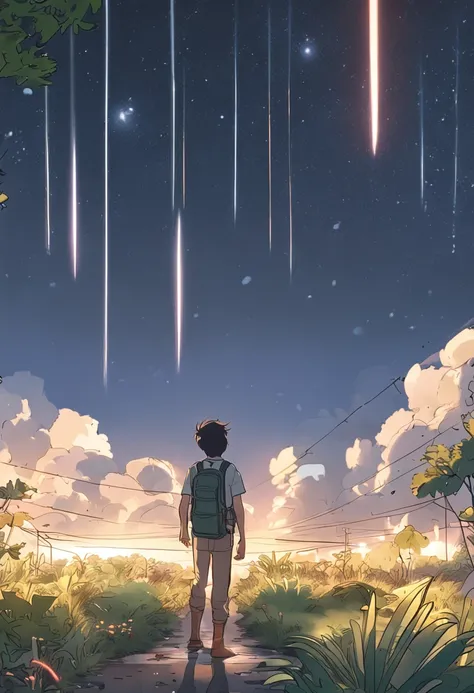 Makoto Shinkai animation art，Makoto Shinkai animated film，（（best qualtiy））， （（tmasterpiece））， （A detailed：1.4），Enhanced dynamic perspective，jungles，（the night：1.4），starrysky，（darkly：1.4），（（Baby adventurer standing in front of supergiant butterfly，Butterfli...