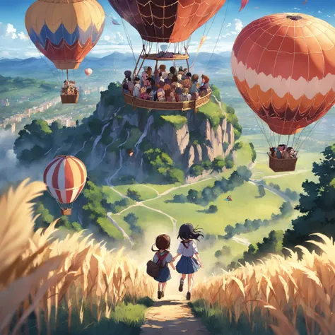 Hot Air Balloon Festival，2boys 1girl，Colorful hot air balloons take off，crowd cheering，Valley background，Picnic basket，（streamers：0.7）。