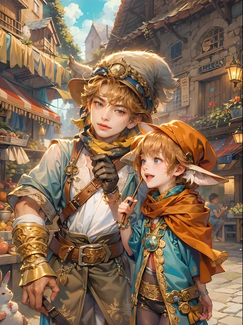 (absurdres, highres, ultra detailed, HDR), masterpiece, best quality, legend of mana character, handsome young hero wearing detailed hat, detailed face, handsome face, shiloh talking to niccolo a talking chubby rabbit wearing detailed scarf, strolling at t...