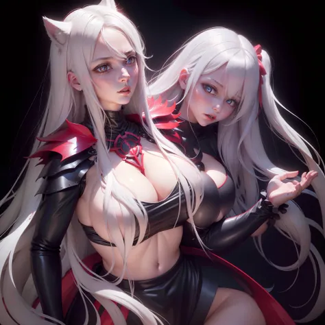 long  white hair，red pupils，Black angel outfit，Lori huge breasts cleavage，White wolf ears