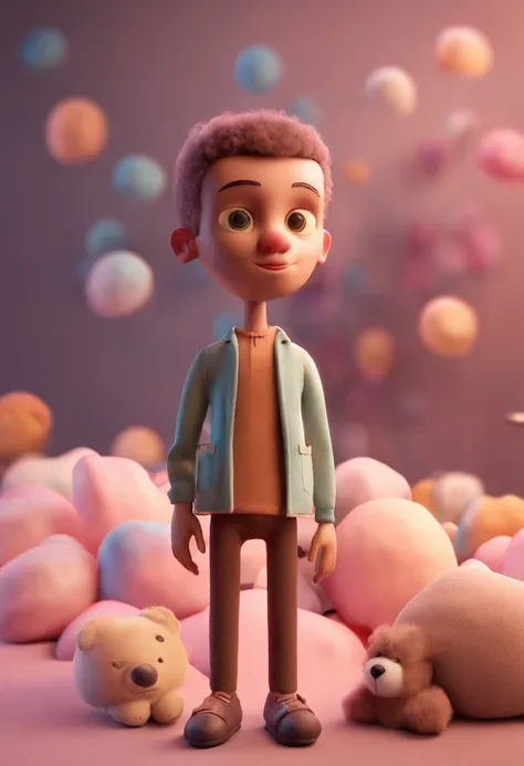 Tiny and fluffy brown male whole doll toy, standing character standing out from background, soft soft lighting, soft pastel colors, young skottie, blender 3D rendering, polycount, modular constructivism, pop surrealism, physically based rendering