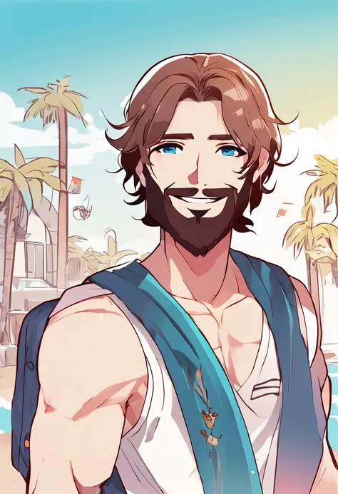 style Chibi, jesus crist, (((solo))), cute,  nice beard, vibrant eyes, radiant smile, summer mood, blue sky