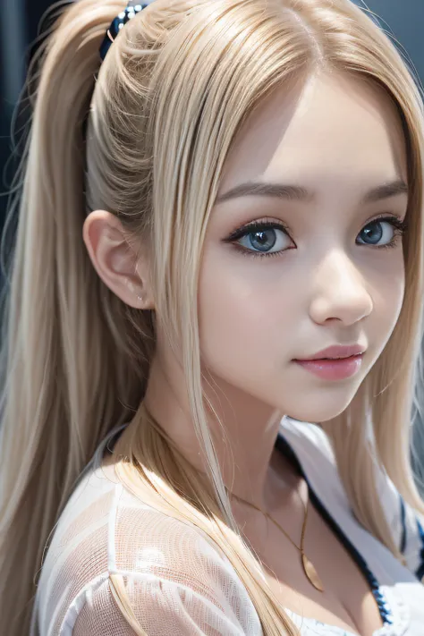 porate、School uniforms、bright expression、poneyTail、young and shiny white shiny skin、Best Looks、Gold reflects light、Platinum blonde hair，Shine brightly、Shiny light hair,、Super long silky straight hair、Beautiful bangs that shine、Big blue eyes sparkling，Like ...