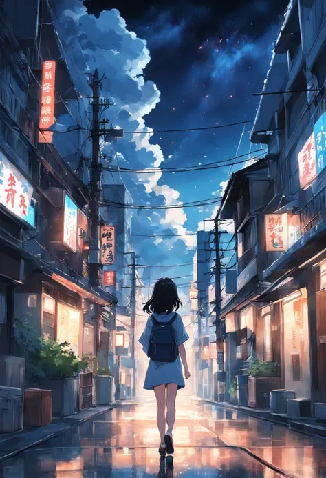 Behind the back of a woman walking towards a city city、Denim on white t-shirt、Casket、Starry sky、2 days and months、Dreamy scenery、From a distance、Scenery Main、Building Street、near future、the wind、TOKYOcty、adult lady