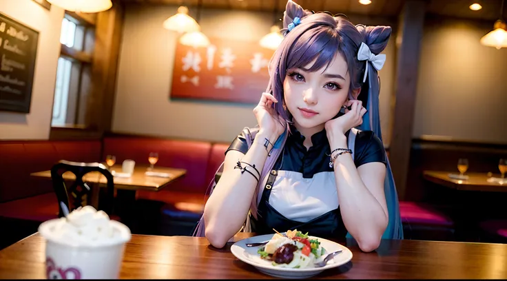 (photorealistic, pov across table:1, table, solo,  masterpiece, top quality, best quality, 1 woman), restaurant, food, cafe, smile, flirting, keqing (genshin impact), hair bun, purple hair, twintails, purple eyes, diamond-shaped pupils, hair ornament, cone...