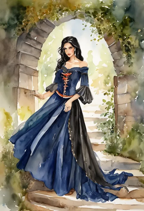 The woman, fantasy, black  hair, corset, cloak, Peasant dress.