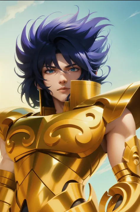 Attractive profile picture, masterpiece, ultra-precise rendering, beautiful and cool young man, trustworthy, dependable young man, savior of the world, simple design, most beautiful image, 4K, light green eyes, saint seiya gold armor, blue hair.