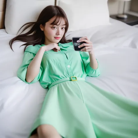 An undressed girl looking at her phone in bed