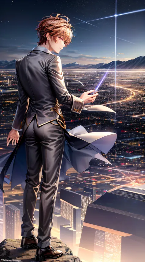 a man standing on the edge of a mountain overlooking the city、wearing a suit、rear view、nighttime scene、mountainous in the distan...