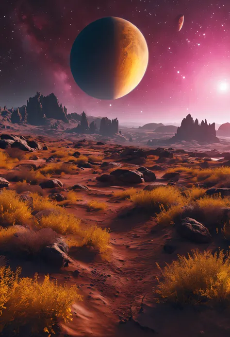 Beautiful space with mysterious yellow planets，trending in the artstation，rico colorido，um detalhado，intricada，16k，Romantismo lain，bela paisagem de fantasia，realista e natural，Sky of the Cosmos，Cor completa detalhada，natureza，High Definition Photography，hi...