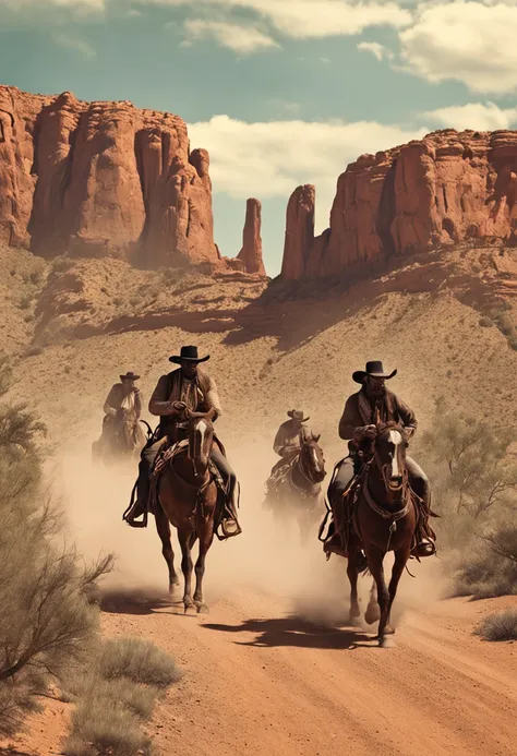 Old West American - Drawing - Six Gunslingers ride down a dusty road in Kansas. - Realistic - Cinematic -- ar 16:9