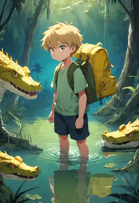 A boy with yellow backpack raised by alligators in the swamp, alligator , menino , alligator , menino , Cartoon