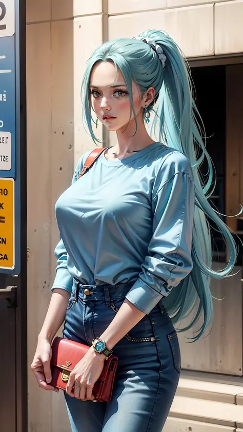 vivi from anime one piece, long hair, light blue hair, ponytail hair, perfect body, perfect breasts, beautiful woman, very beautiful, wearing blue over sized t-shirt, short jeans, wearing handbag, wearing watch, wearing earrings , super market, Realism, ma...