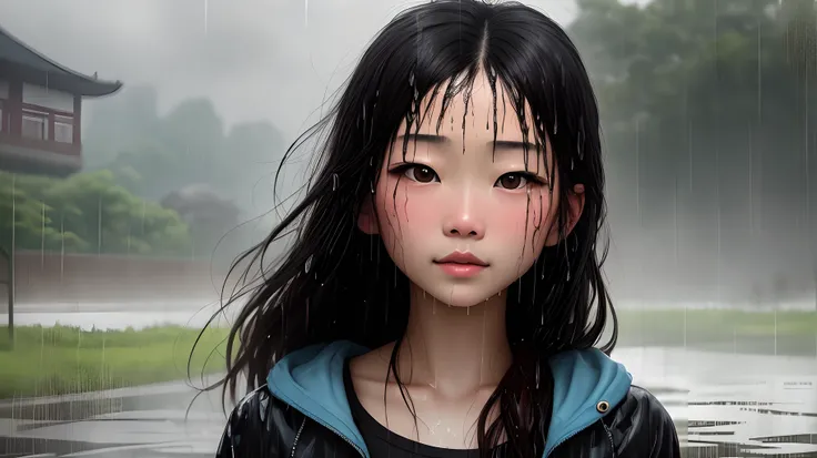 a beauty girl，asian descent，Wet with all over the body，JK，rained，Looming