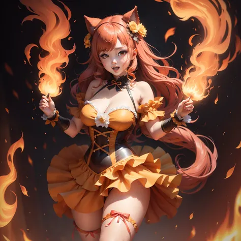 Female idol covered in flames（Cute costumes）、Looks fun、full body Esbian、