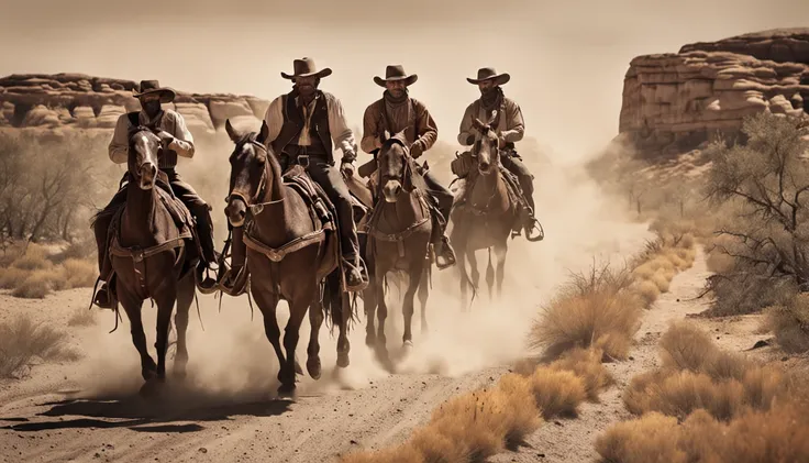 Old West American - Drawing - Six Gunslingers ride down a dusty road in Kansas. - Realistic - Cinematic -- ar 16:9