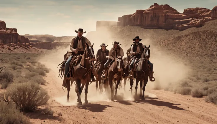 Old West American - Drawing - Six Gunslingers ride down a dusty road in Kansas. - Realistic - Cinematic -- ar 16:9