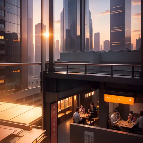 at the sunset, 城市, Skyscrapers, a person々Flow of, Building windows, Warm light, Walkway, a person々, cafe terrace, Friends, Laughing, Skysky, an orange, pink there, tints, Urban hustle and bustle, Beautiful sunset, harmony