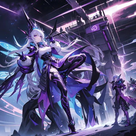 Futuristic cybersteampunk style fairy wizard
A deformed and weird biochemical purple-white blood ferocious beast
Like a starry sky legislator
The supreme divine light and dark magic mad scientist
The emperor of the universe who rules the bright stars