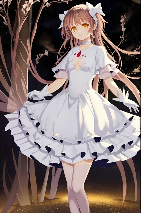 masterpiece, ultimate madoka,yellow eyes, white dress,night skyfull body, standing, smile