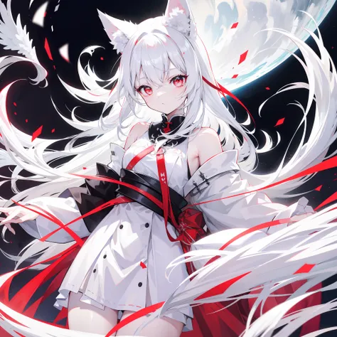 long  white hair、White wolf ears、White wolf tail、red pupils、Black angel outfit、small loli