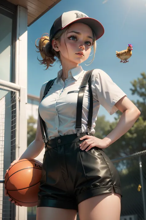 A girl，Wear suspenders，Playing basketball，There is a chicken next to it，Theres a SpongeBob SquarePants in the back，There was a huge eye in the sky staring at them