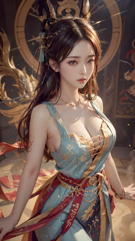 (original photo, Bestquality), (realistic, photo of-realistic:1.3 pcs), Bestquality, Extremely Detailed, a masterpiece、, Hyper-Detailed, illustration、, 1 a girl, (huge boobs，cleavage), dynamic angle, world mastery theater, cluttered_long_hair,Bestquality, ...