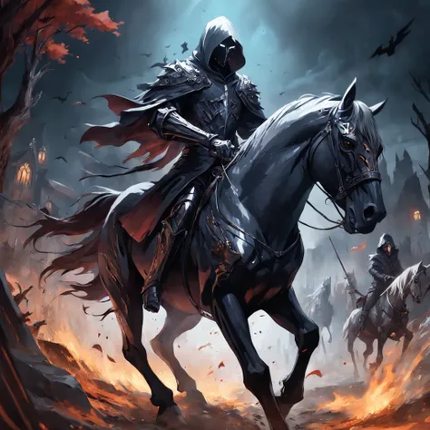 a man riding on the back of a horse in a cemetery, Artstation contest winner, gothic art, portrait of grim reaper, shining armour made of steel, dark. no text, detailed image, graveside, grim gwent card, covet death, award winning concept artist, editorial...