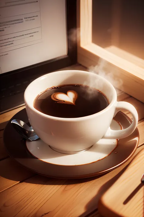 cup of hot coffee, with heart, on an office desk, com a frase BOM DIA