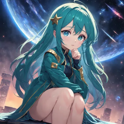 A cute girl，blue long hair，Green eyes，sit on chair，Face to the audience，looking at the stars，galactic，big breasts beautiful，spectacular，tmasterpiece，HighestQuali