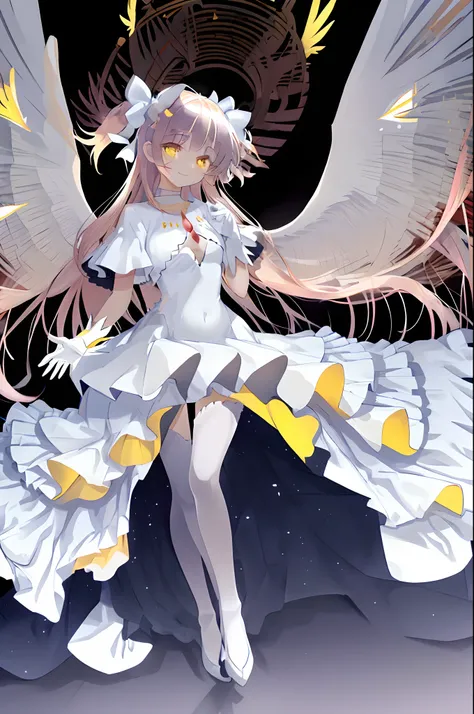 masterpiece, ultimate madoka,yellow eyes, white dress,night skyfull body, standing, smile, angel wings