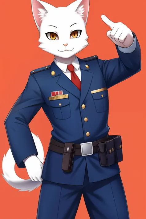 White cat, Dressed as a Japan policeman, Raising one arm and pointing to the right