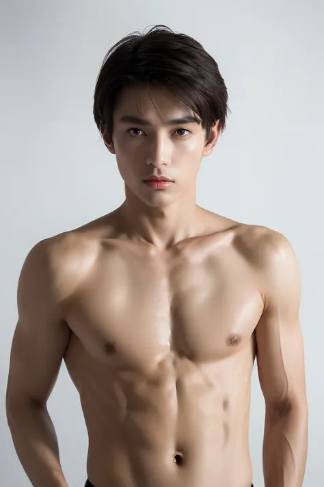 ( (8K:1.27), 4K，best qualtiy, tmasterpiece, 超高分辨率:1.2) Chinese man photo, young  male，Perfect face，perfect bodies，white  shirt，clothes see-through，Expose abs，realskin，super detailing