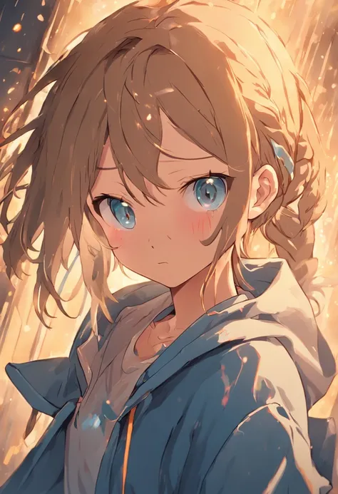 Girl with a short cut outside splash with braids above the ears、Golden eyes with light brown hair、Blue ribbon、Wearing a hoodie over a Y-shirt、thin ribbon at chest,、Unsupervised、Female protagonist