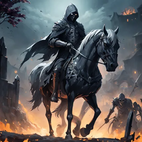 a man riding on the back of a horse in a cemetery, Artstation contest winner, gothic art, portrait of grim reaper, shining armour made of steel, dark. no text, detailed image, graveside, grim gwent card, covet death, award winning concept artist, editorial...