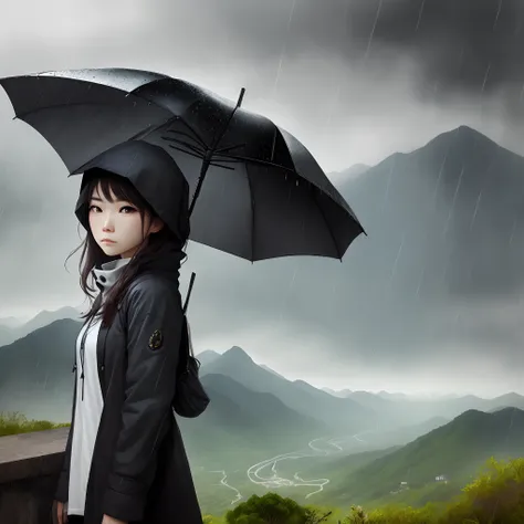 raining day，a pregirl，With a black umbrella，Gaze out at the distant scenery from the mountain