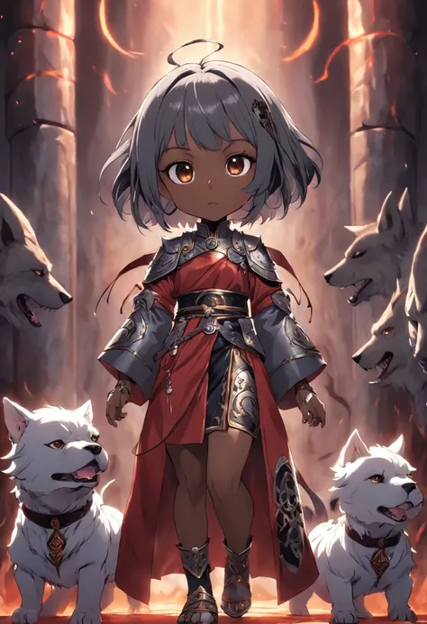 beautiful little girl, armor, robes of hell hound priestess, dark skin, short gray hair,