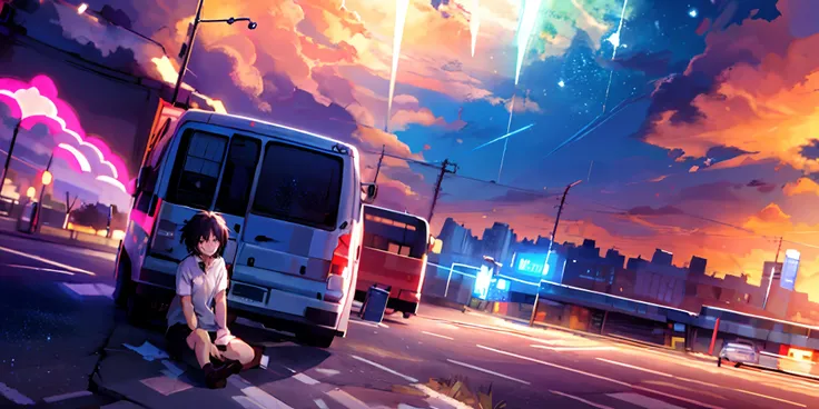 anime scene of a girl sitting on the curb of a city street, by makoto shinkai, by Makoto Shinkai, in style of makoto shinkai, style of makoto shinkai, ( ( makoto shinkai ) ), makoto shinkai cyril rolando, makoto shinkai. —h 2160, makoto shinkai!